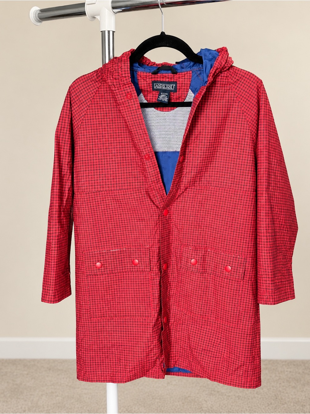Vintage Lands' End Red Plaid Hooded Raincoat with Blue Lining